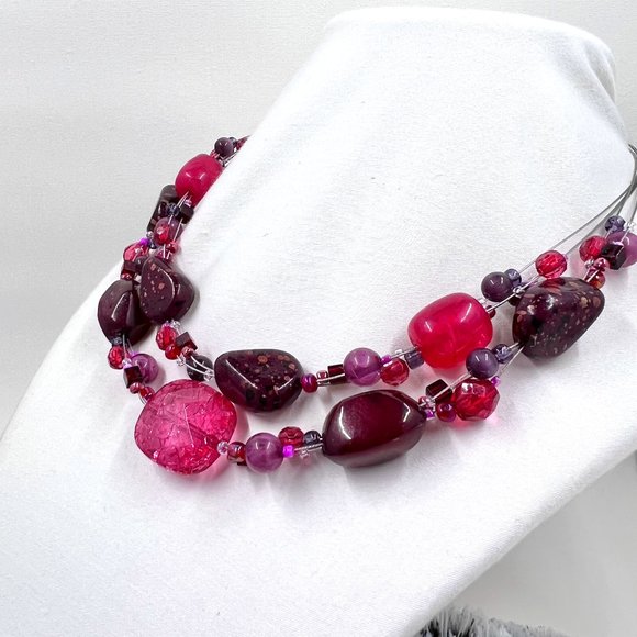 Pink Beaded Multi Strand Silver Tone Wire 15” Necklace - Picture 1 of 6